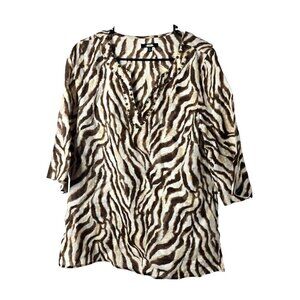 Rafaella Linen Tunic L Zebra Animal Print Beaded Boho Travel 3/4 Sleeve Coastal